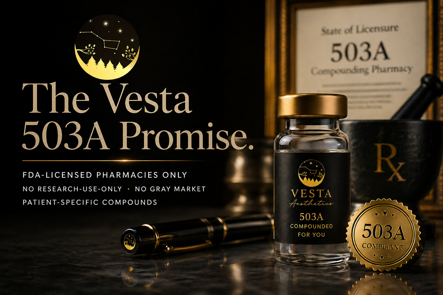 The Vesta 503A Promise, FDA licensed pharmacies only, no research use only, no gray market