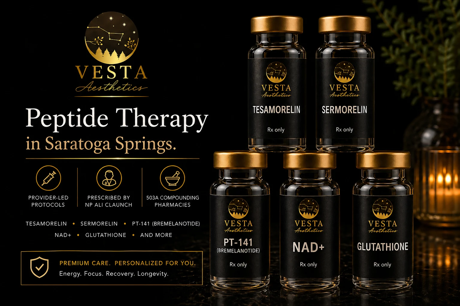 Peptide Therapy in Saratoga Springs, Utah, Tesamorelin, Sermorelin, PT-141, NAD+, and Glutathione protocols at Vesta Aesthetics, dispensed through licensed 503A compounding pharmacies